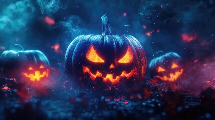 Obraz premium Spooky Halloween scene with glowing jack-o'-lanterns surrounded by mist and eerie atmosphere. Perfect for Halloween-themed projects.