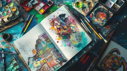 Fototapeta premium Vibrant Art Studio with Creative Sketchbook Display