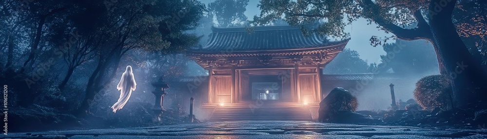 Poster mystical temple illuminated by soft lights, surrounded by enchanting fog and trees, creating a seren