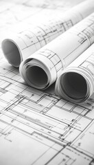 Architectural blueprints. Rolls of construction plans unfurled. Design, draft, project documentation