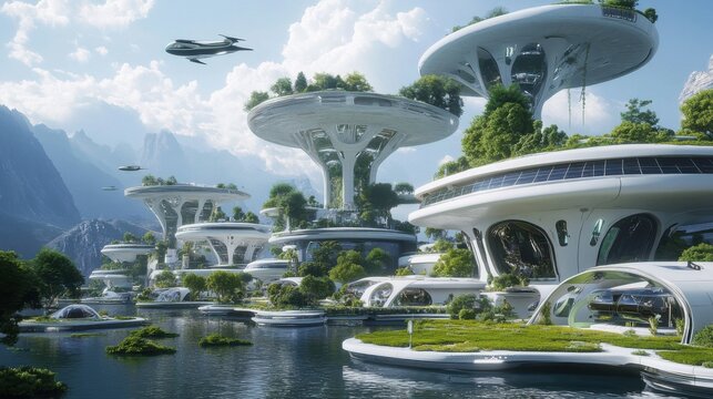 A breathtaking futuristic city where sleek flying cars glide over a landscape of innovative architecture, featuring vertical gardens and solar panels that epitomize sustainable living.