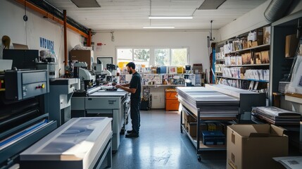 A bustling small business printing shop with an owner managing orders, bright space filled with printing machines and materials