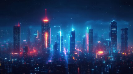 Abstract cityscape with glowing neon lights and futuristic buildings, set against a dark night sky, creating a vibrant urban atmosphere.