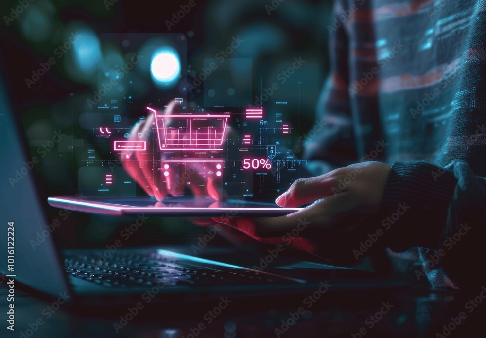 Poster man with tablet and laptop showing online shopping loading bar on dark background with 50% digital i