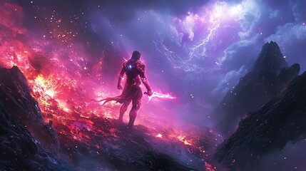 Futuristic armored figure stands against a backdrop of glowing lava at dawn on a volcanic landscape