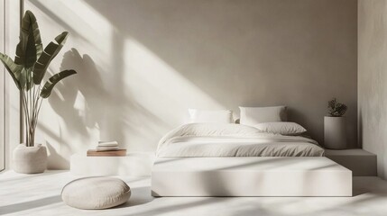 A modern minimalist bedroom with a clean, simple design, low-profile furniture, and a calming monochromatic color scheme
