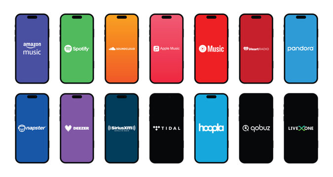 Collection of popular music streaming services vector logos.