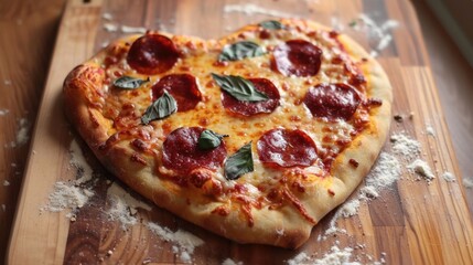 Heart-Shaped Pizza with Pepperoni and Basil Toppings