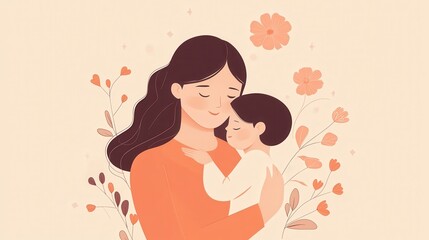 A mother gently holds her child, radiating warmth and affection amidst floral decorations