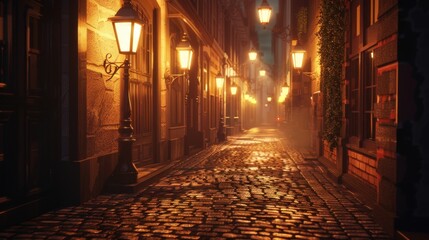 Fototapeta premium Serene Cobblestone Street with Lanterns at Night