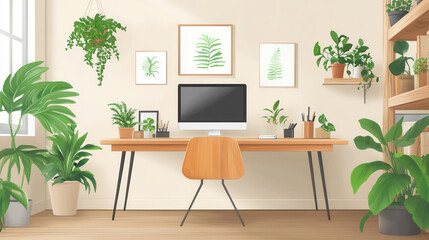 A stylish home office with wooden furniture, houseplants, and a modern tech setup for remote work
