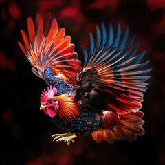 Obraz premium Highquality Image of Rooster in Flight with Sharp Focus and Colorful background
