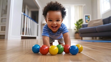 A push toy with colorful wooden beads rolling along the floor, as a toddler pushes it with a big smile