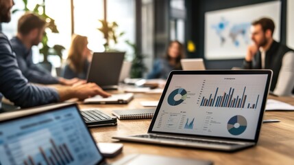 A corporate team in a meeting room discussing market trends, laptops open with graphs displayed on the table
