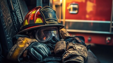 A firefighter's helmet, gloves, and oxygen mask resting on a firetruck seat inside a firehouse, ready for action.