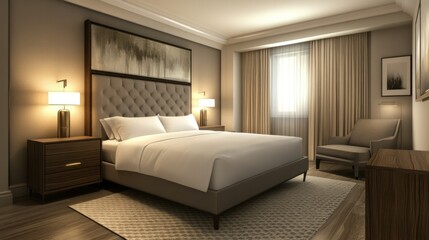 A spacious guest bedroom featuring a comfortable queen bed, soft linens, and warm lighting, designed to make visitors feel welcome