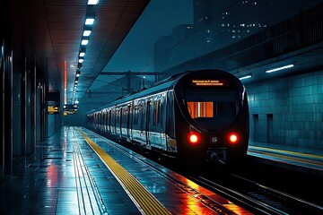Naklejka premium Night Train at Urban Station with Contrasting Lights