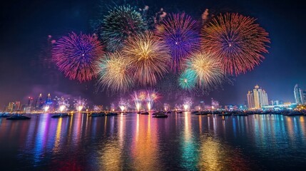 Fototapeta premium A spectacular New Year's fireworks display lighting up the night sky over a city skyline, with colorful bursts reflecting off nearby water