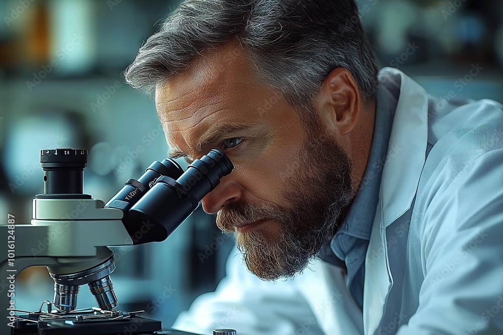 Poster scientist analyzing a virus sample using a microscope in a biology laboratory