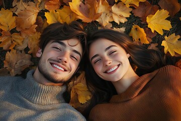 Happy Couple Relaxing in Autumn Park, Celebrating Love and Romance in the Fall Season