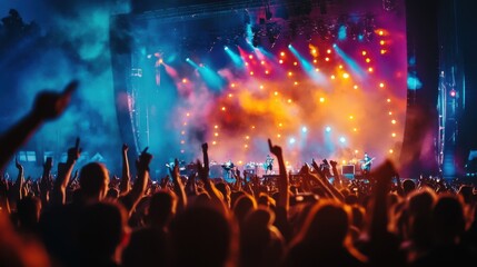 Fototapeta na wymiar Music festival with a large open-air stage, colorful lights, and a cheering crowd watching a live band performance.