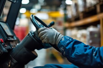 A worker dressed in blue is seen guiding a forklift with care and precision through a bustling warehouse, symbolic of teamwork and industrial efficiency.