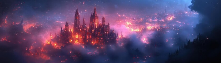 Fototapeta premium Close-up shot of a mystical castle, glowing colors illuminating intricate designs, fantasy worlds merging with architectural brilliance