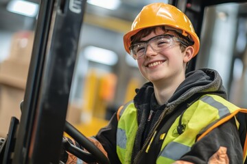 A youthful worker wearing safety gear smiles confidently while operating a forklift in a bustling warehouse, showcasing the vibrancy and industry of the workplace.