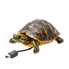 Fototapeta premium Turtle with USB cable, white isolate background transparent background