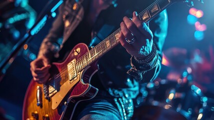 Obraz premium Close-Up of Musician Playing Guitar Live on Stage
