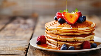 Delicious Stack of Pancakes with Fresh Berries and Syrup