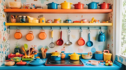 A vibrant play kitchen set with toy pots, pans, and colorful plastic food, arranged neatly on tiny shelves