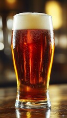 Refreshing Glass of Cold, Amber Beer with Condensation on a Wooden Bar, Vertical Orientation