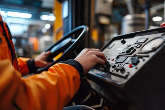 Close-up of hands navigating a forklift dashboard with meticulous attention, highlighting a mix of buttons and switches in an industrial warehouse environment.