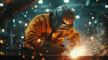 A muscular South Asian male engineer in safety gear, welding at a construction site with sparks flying.