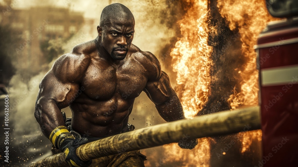 Wall mural A muscular Black male firefighter, pulling a hose from a fire truck during a large-scale fire emergency.