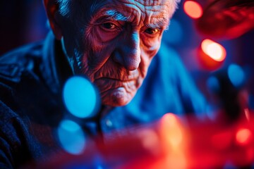 A focused elderly man plays the drums under striking red and blue lights, highlighting his dedication and skill in a lively and colorful musical environment.