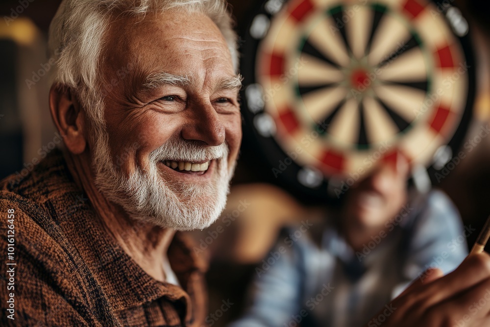 Poster an elderly man with a joyful expression holding darts, smiling cheerfully with a dartboard in the ba