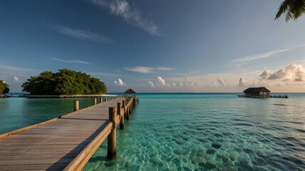 Fototapeta premium A wooden pier extends from the shore into a tranquil lagoon, leading towards a small island with a thatched-roof hut. The clear blue water is calm and inviting, with a backdrop of a vibrant blue sky.