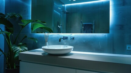 photograph of A bathroom with a floating vanity, featuring a sleek, modern sink and a large mirror with LED lighting, adding a contemporary touch.