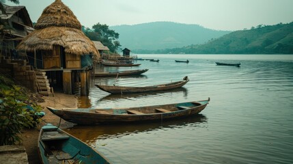 Tranquil Lakeside Village with Traditional Boats