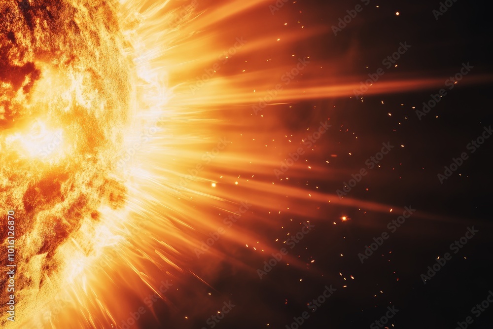 Poster a stunning depiction of a massive solar flare erupting from the surface of the sun, casting radiant 