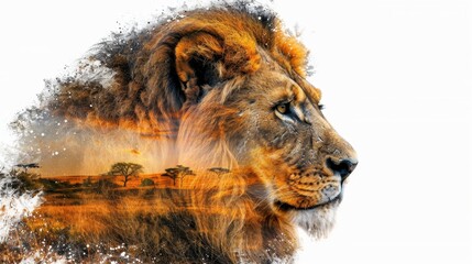 Majestic Lion with Artistic Landscape Overlay