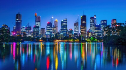Fototapeta premium Vibrant City Skyline at Night with Reflections