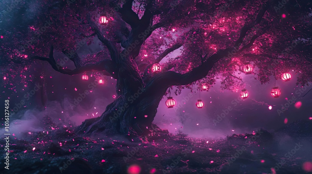 Poster a mystical tree adorned with glowing lanterns, surrounded by an enchanting haze, creating a dreamy a