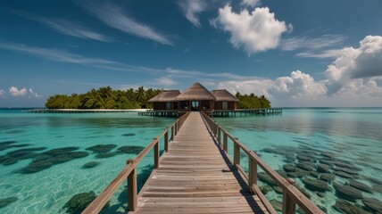 Fototapeta premium A wooden walkway leads to a tropical overwater bungalow on a small island in the middle of a turquoise lagoon.