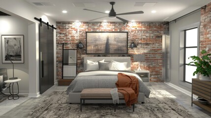 photograph of A chic urban loft bedroom with an open layout, exposed brick walls, industrial accents, and contemporary furnishings that blend comfort with modern design.