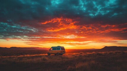 Fototapeta premium A camper van parked in a remote desert landscape, with a breathtaking sunset painting the sky, as travelers explore the open road and enjoy the solitude of nature.