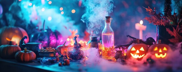 Obraz premium A vibrant Halloween scene featuring glowing pumpkins, potions, and mystical decorations, perfect for capturing the spooky spirit.