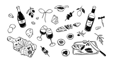 Summer picnic food and wine vector illustrations set. Pizza, cheese plate, baguette, alcohol glass and bottle vintage minimalist sketch. La Dole Vita. Charcoal scribble. Restaurant, cafe menu design